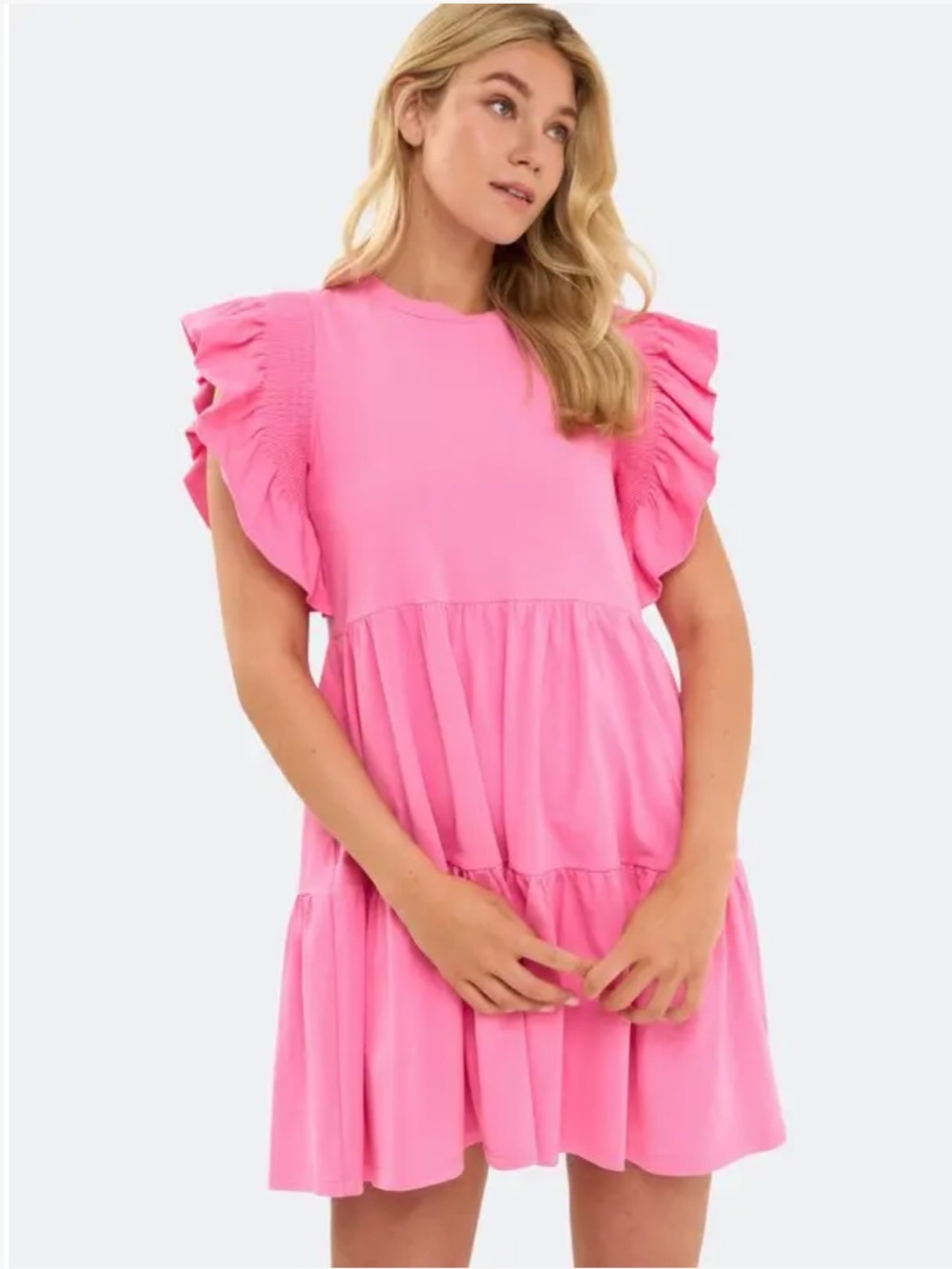 English Factory Pink Smocked Ruffle Sleeve Tiered Babydoll Mini Dress Size M